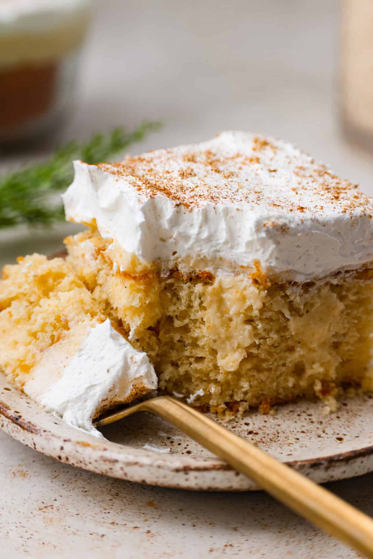 Angle shot of a plated piece of eggnog poke cake. 