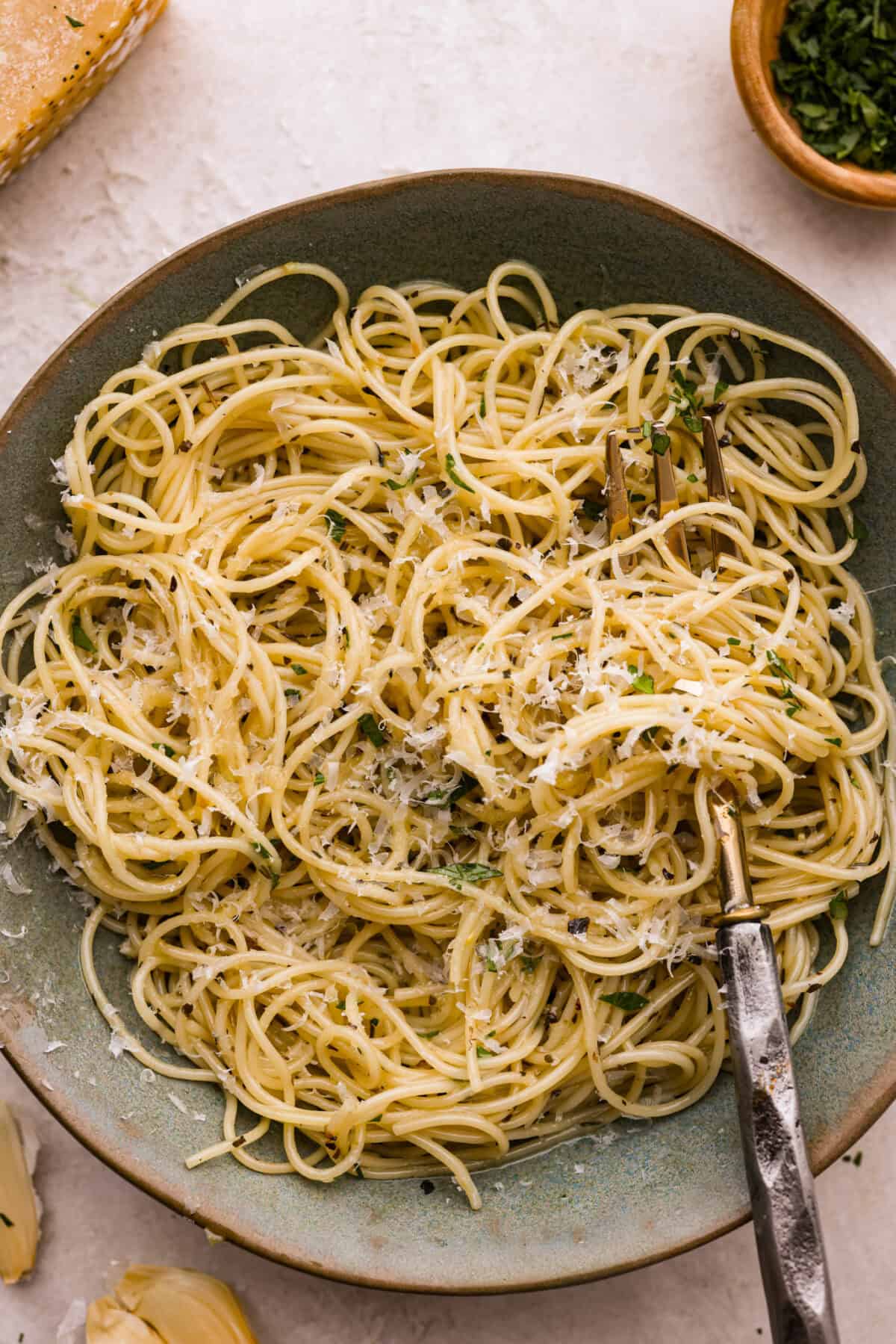 Overhead shot of plated garlic butter pasta.