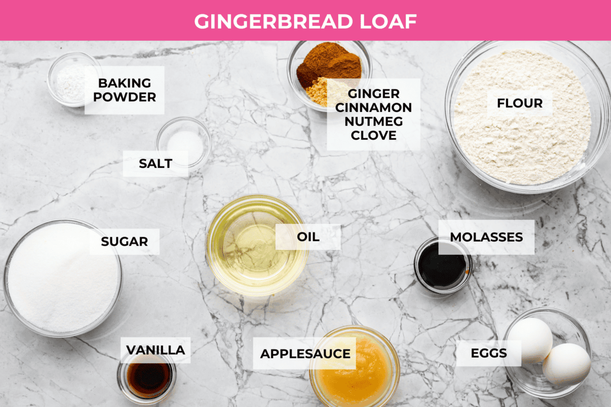 Overhead loaf of gingerbread loaf ingredients. 