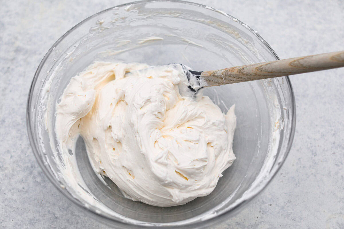 Overhead shot of cream cheese mixture with whipped topping folded in. 