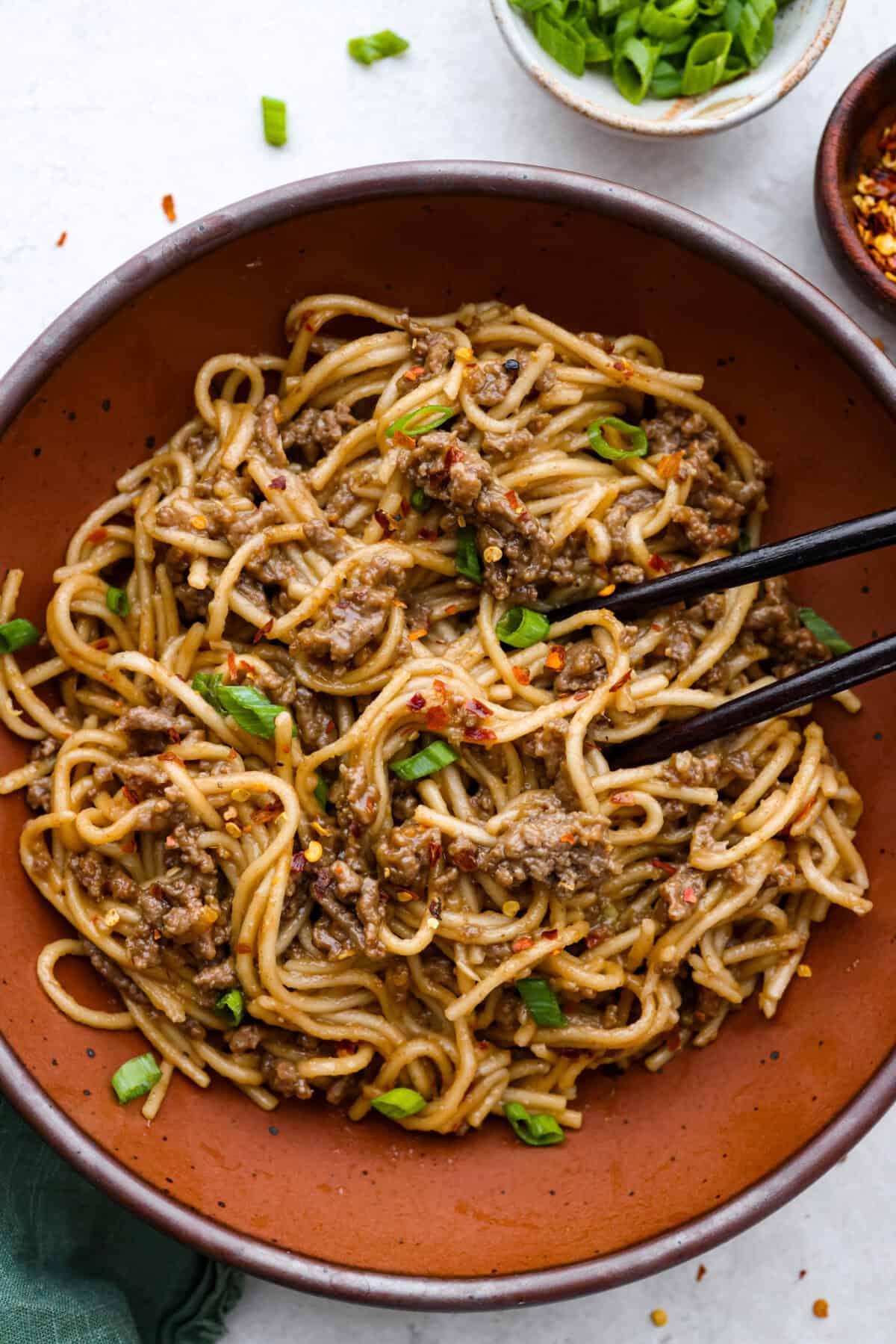 Close up shot of Mongolian ground beef and noodles. 