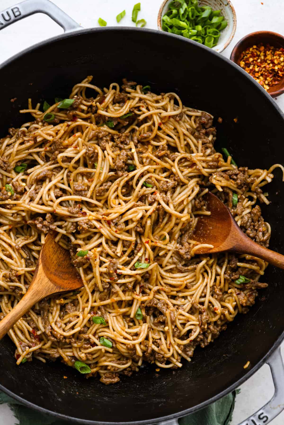 Overhead shot of Mongolian Ground Beef and Noodles. 