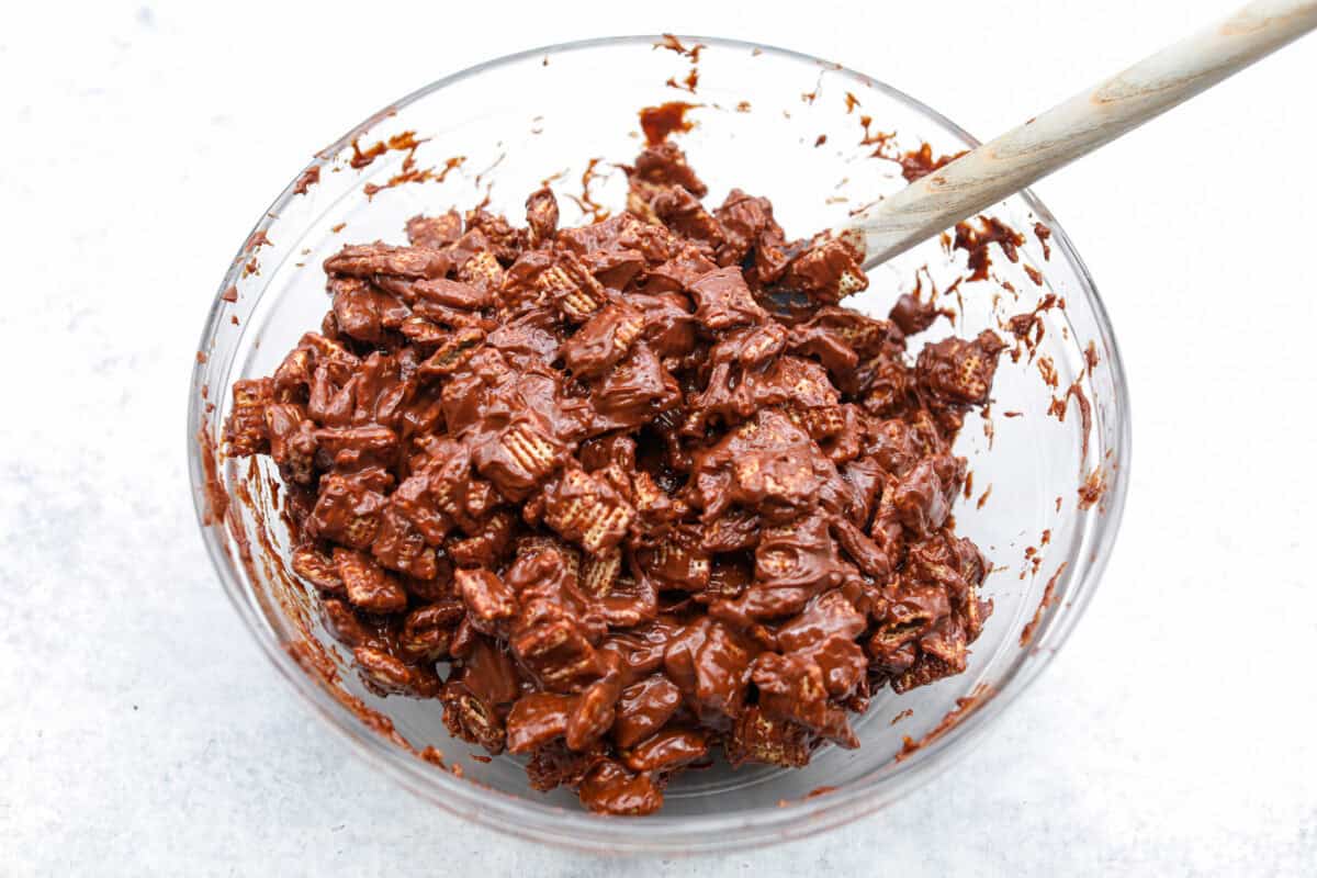 Overhead shot of the cereal and chocolate marshmallow mixture all mixed together. 