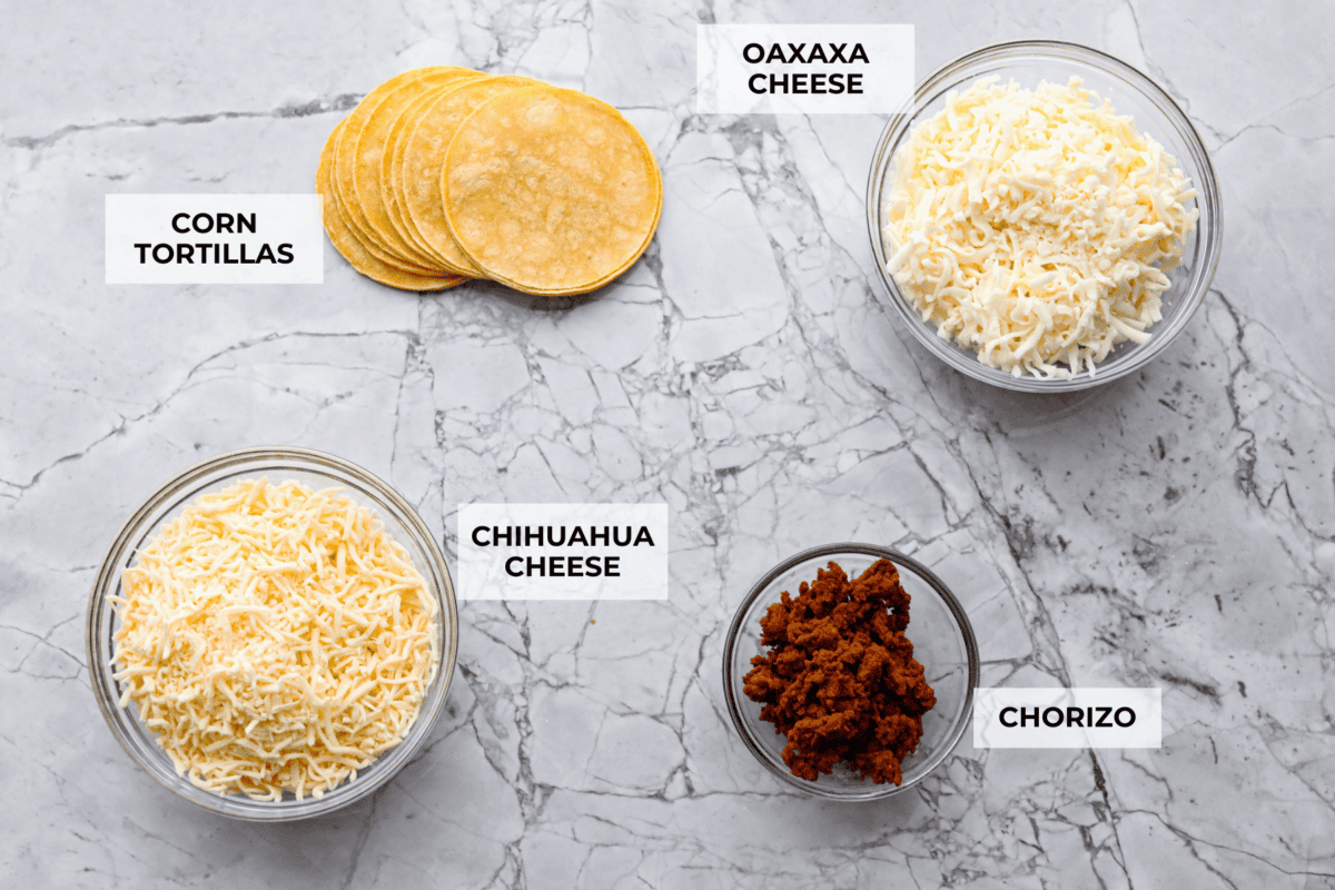 Overhead shot of labeled ingredients. 