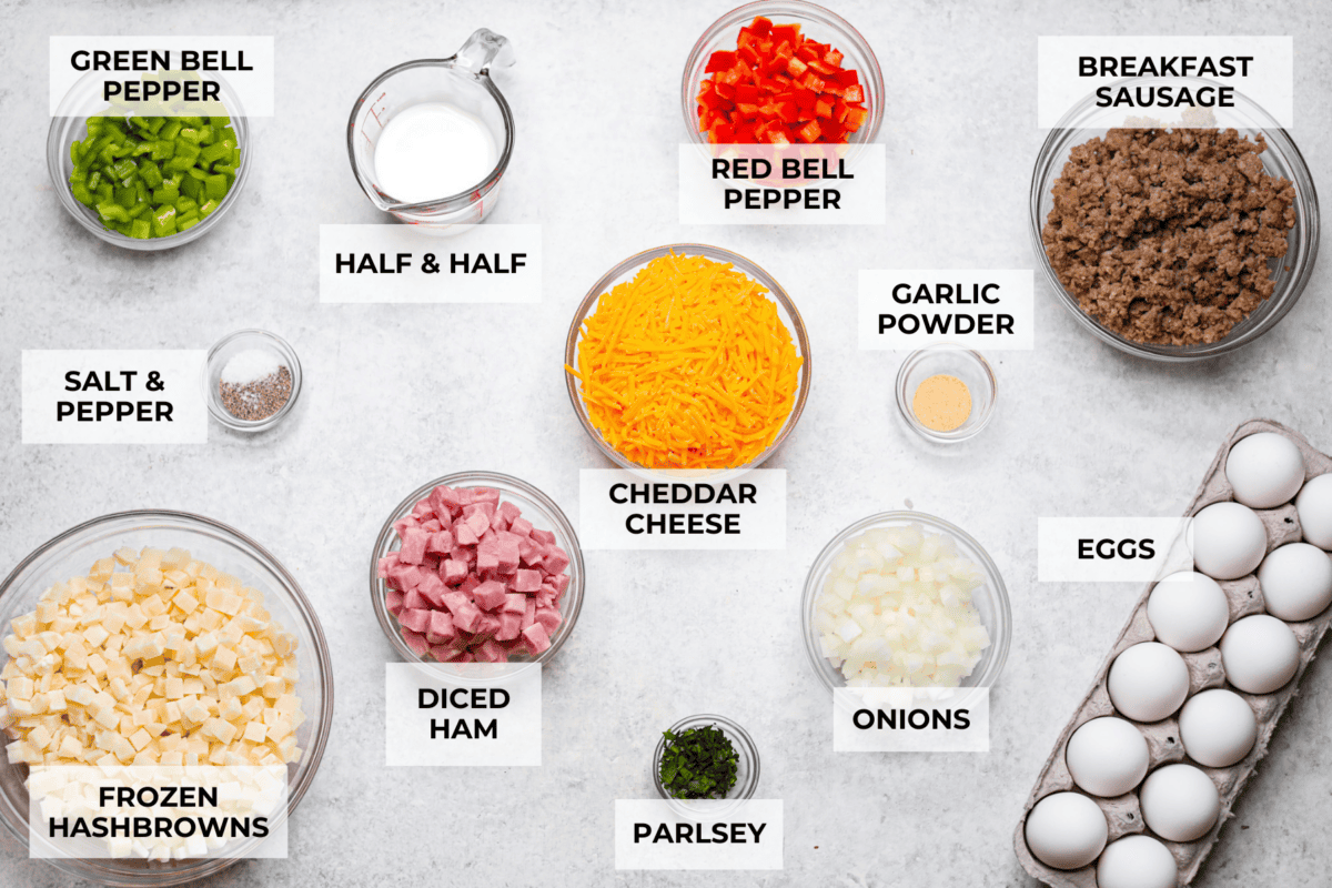 Overhead shot of labeled ingredients. 