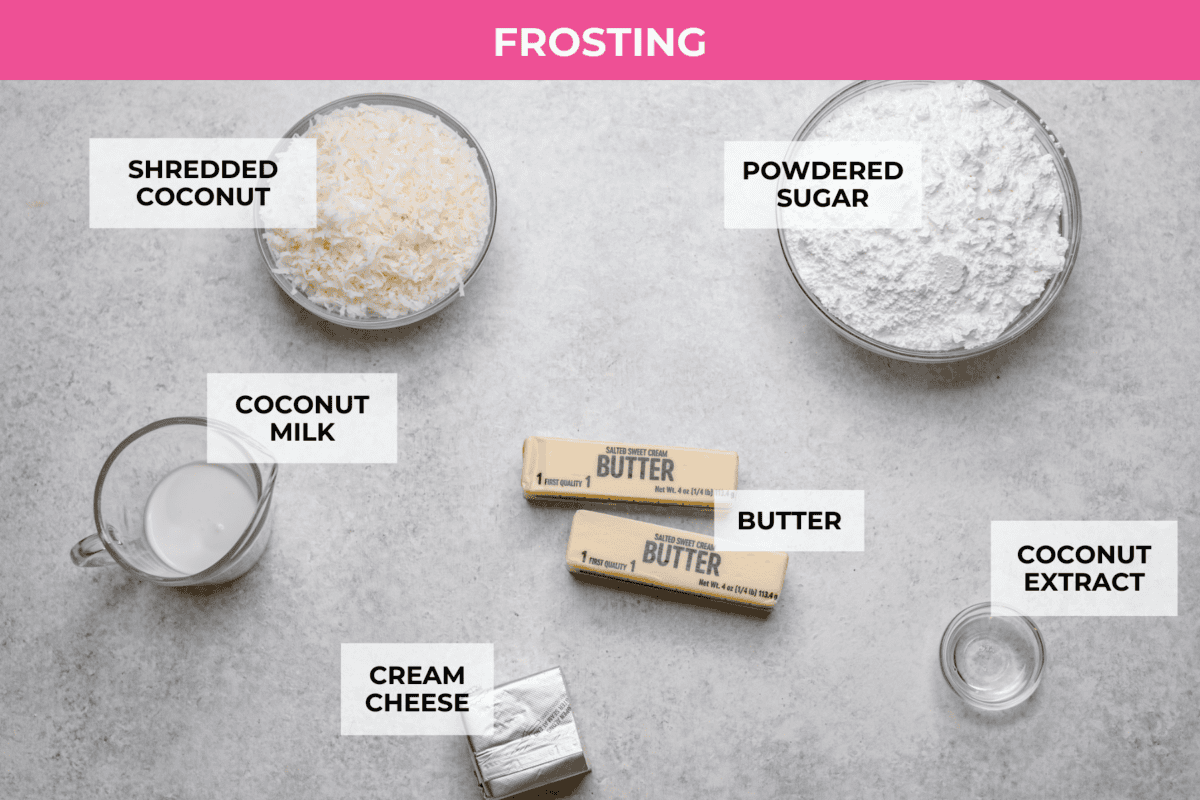 Overhead shot of labeled frosting ingredients. 