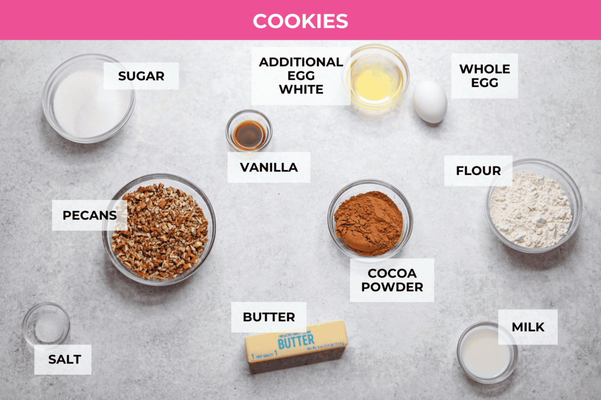 Overhead shot of labeled cookie ingredients. 