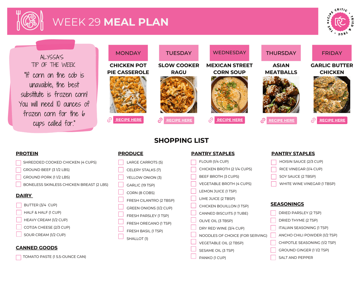 This week’s meal plan is all about easy, flavorful dinners the whole family will love. It has all your comfort dishes that will make perfect leftovers! A pdf of the weekly meal plan.