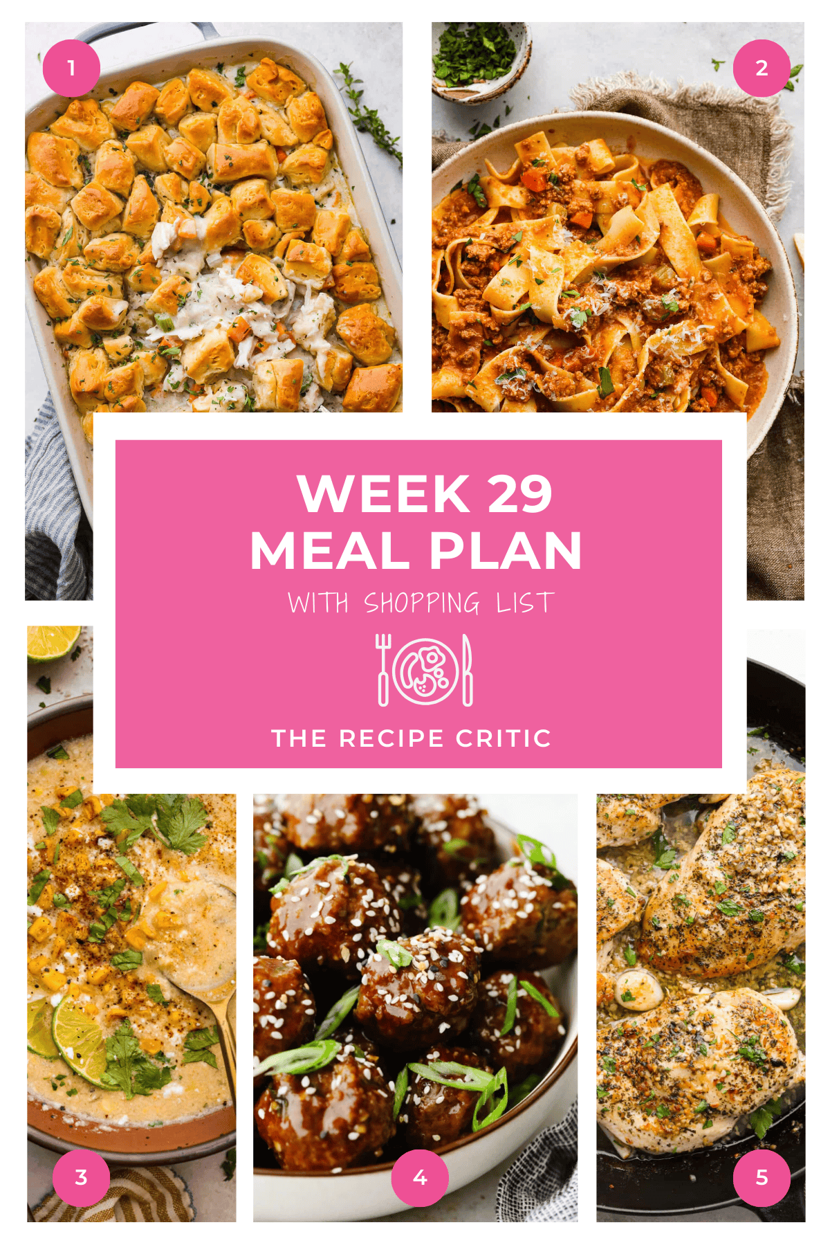 This week’s meal plan is all about easy, flavorful dinners the whole family will love. It has all your comfort dishes that will make perfect leftovers! A collage of 5 recipe photos with a graphic that says "week 29 meal plan with shopping list"