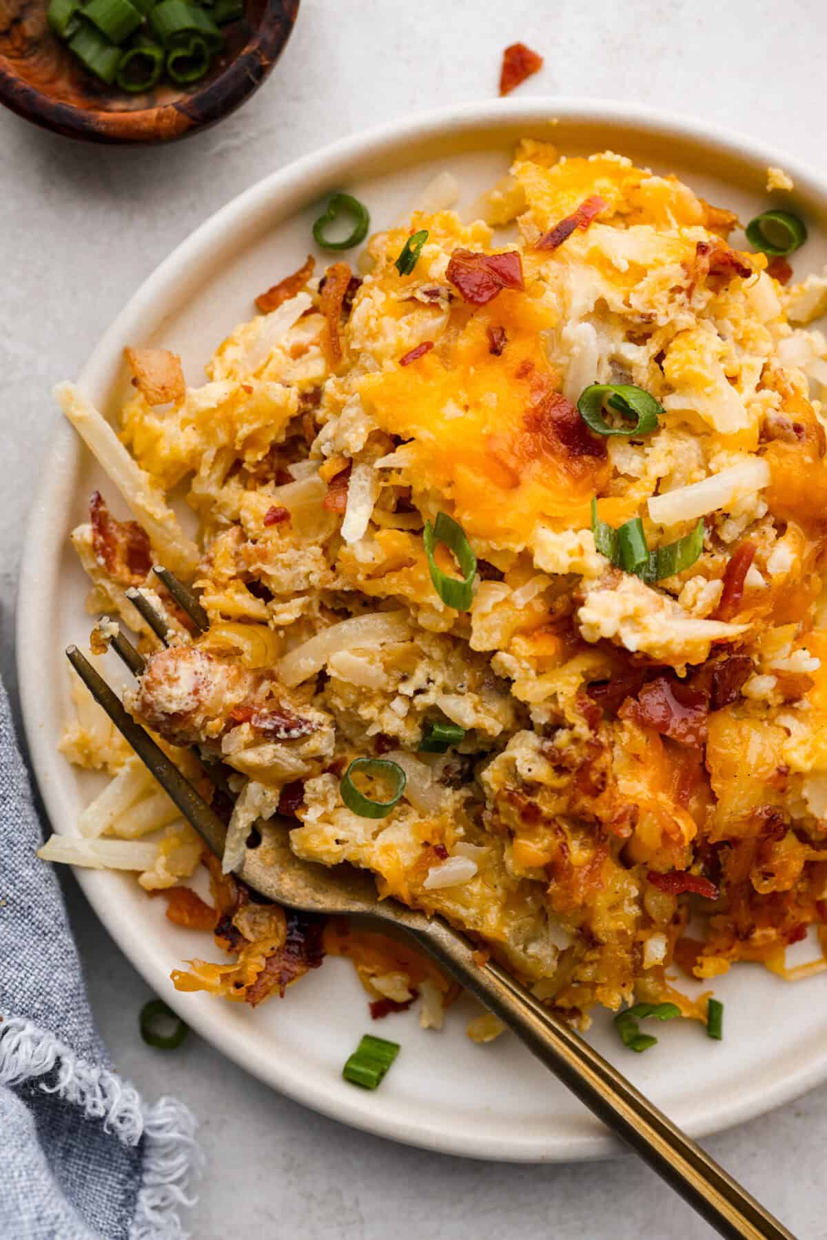 Overhead shot of plated amish breakfast casserole. 