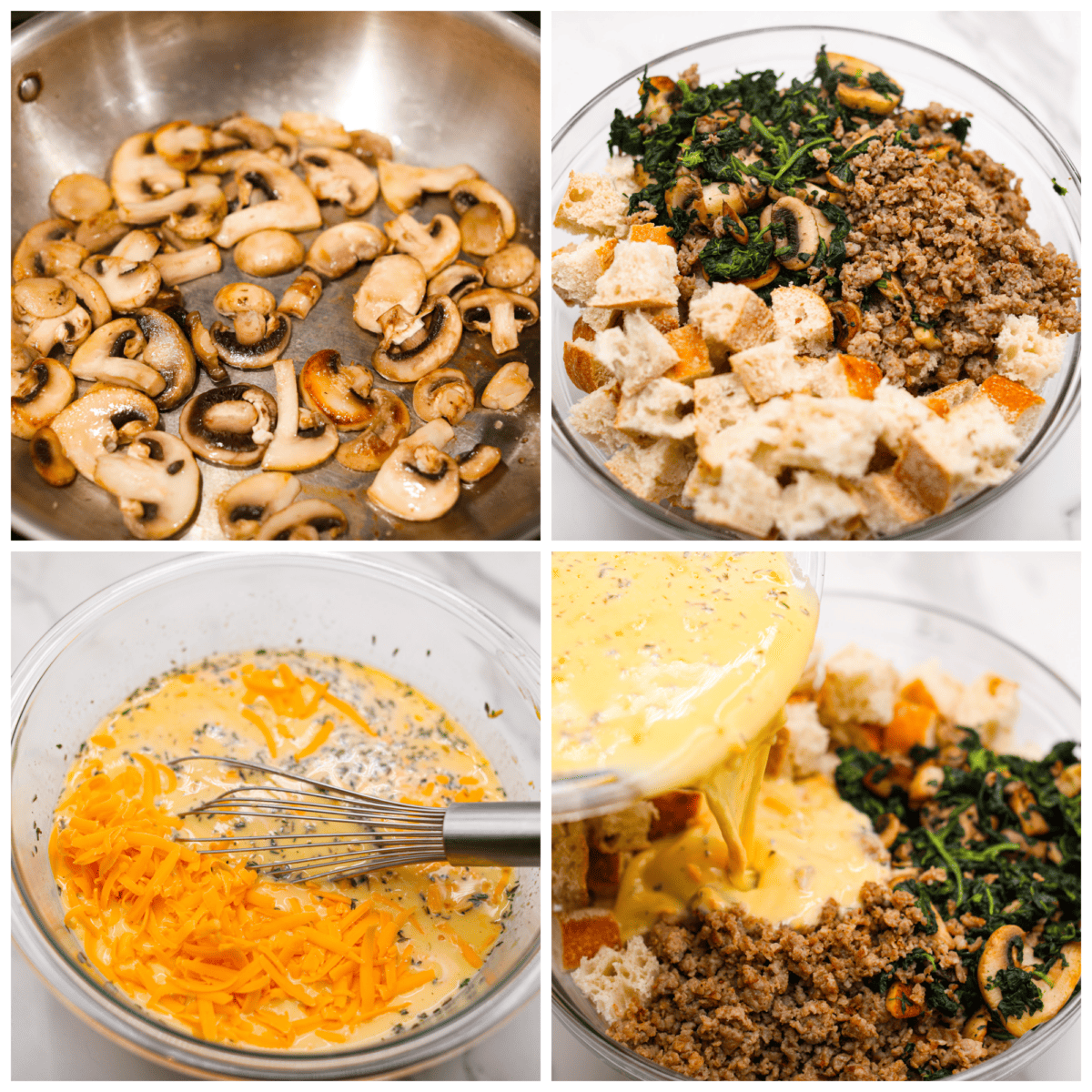 Gallery of 4 process shots, including mushrooms sautéing, bread spinach mushrooms and sausage in a bowl, egg cheese and seasonings in a bowl, and everything combined in a bowl. 