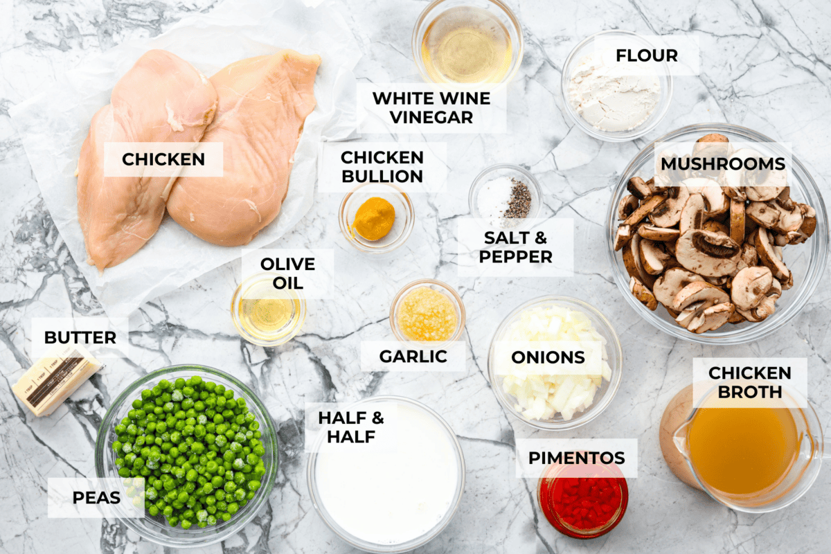 Overhead shot of labeled ingredients. 