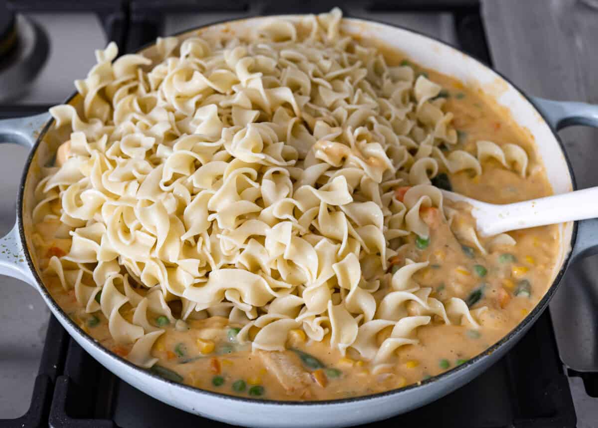 Angle shot of all of the ingredients together in a skillet with the cooked noodles on top. 