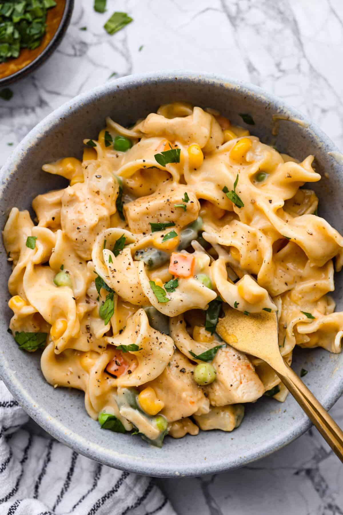 Overhead shot of plated chicken pot pie pasta. 