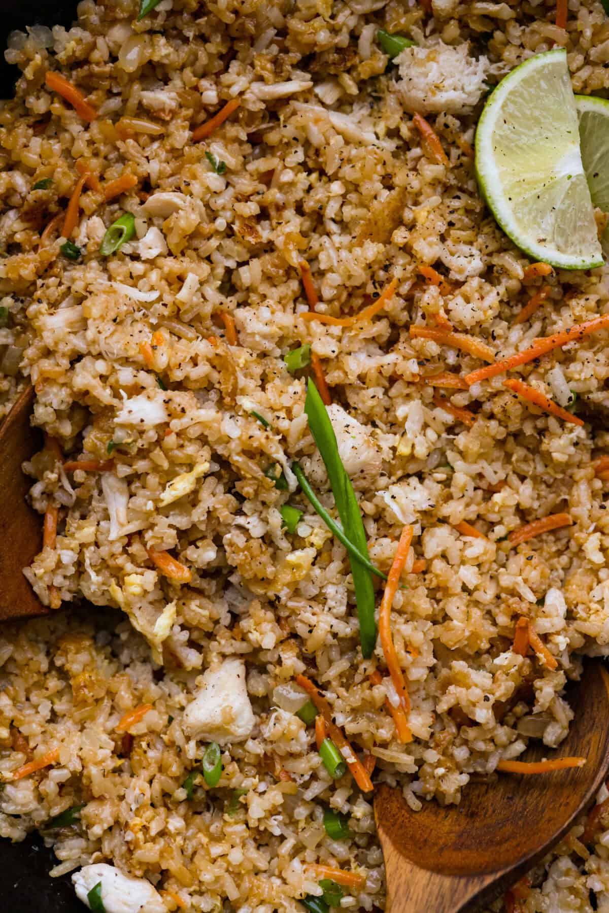 Close up shot of crab fried rice. 