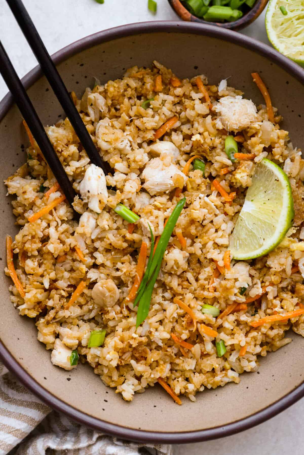 Overhead shot of a bowl of crab fried rice. 