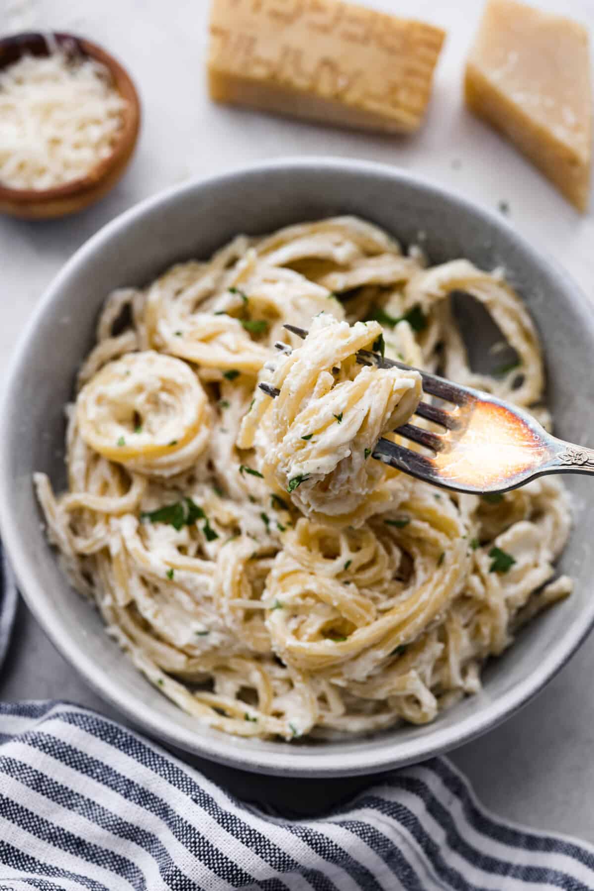 Overhead shot of plated creamy parmesan pasta roni. 