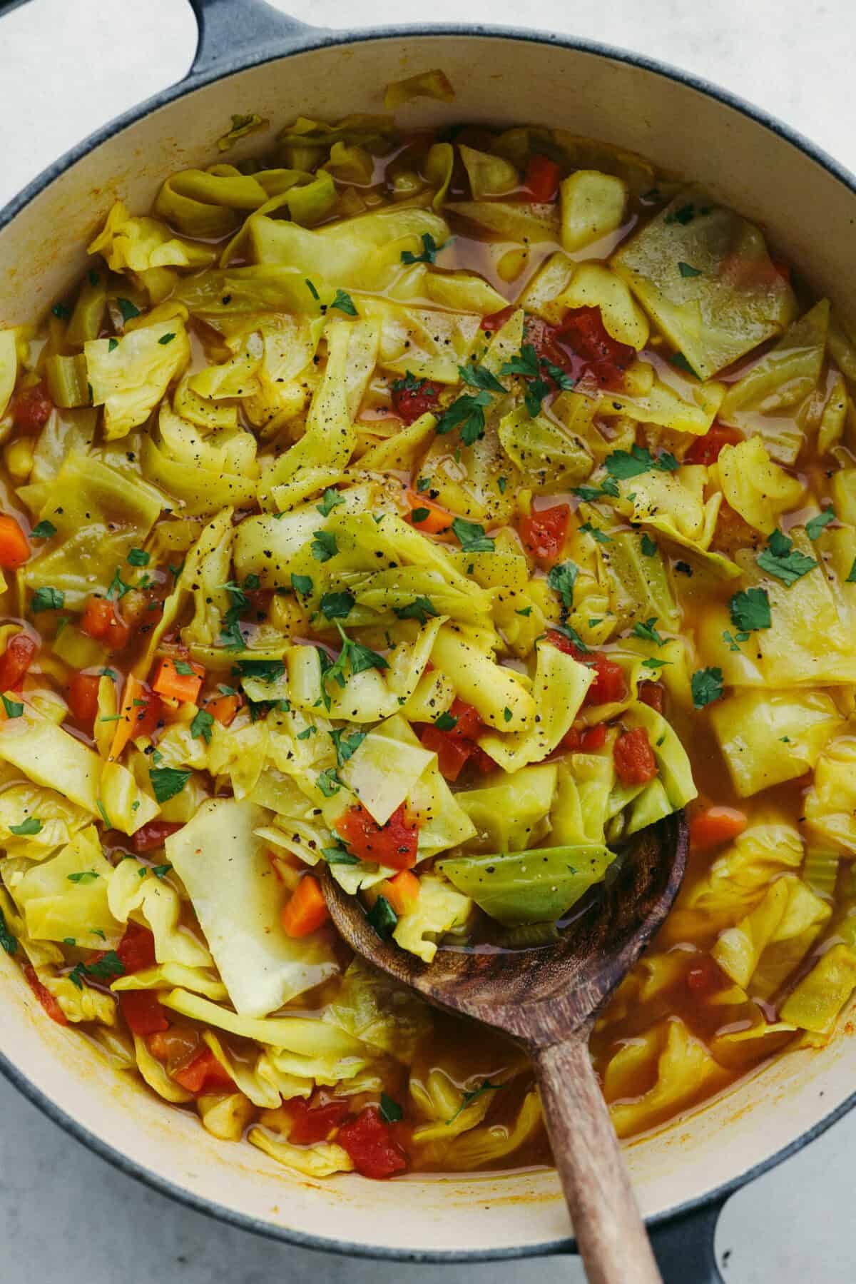 Overhead shot of detox cabbage soup.