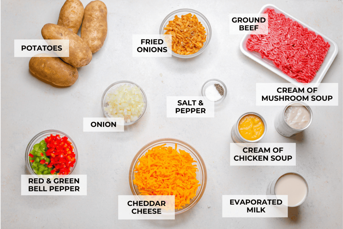 Overhead shot of labeled ingredients.