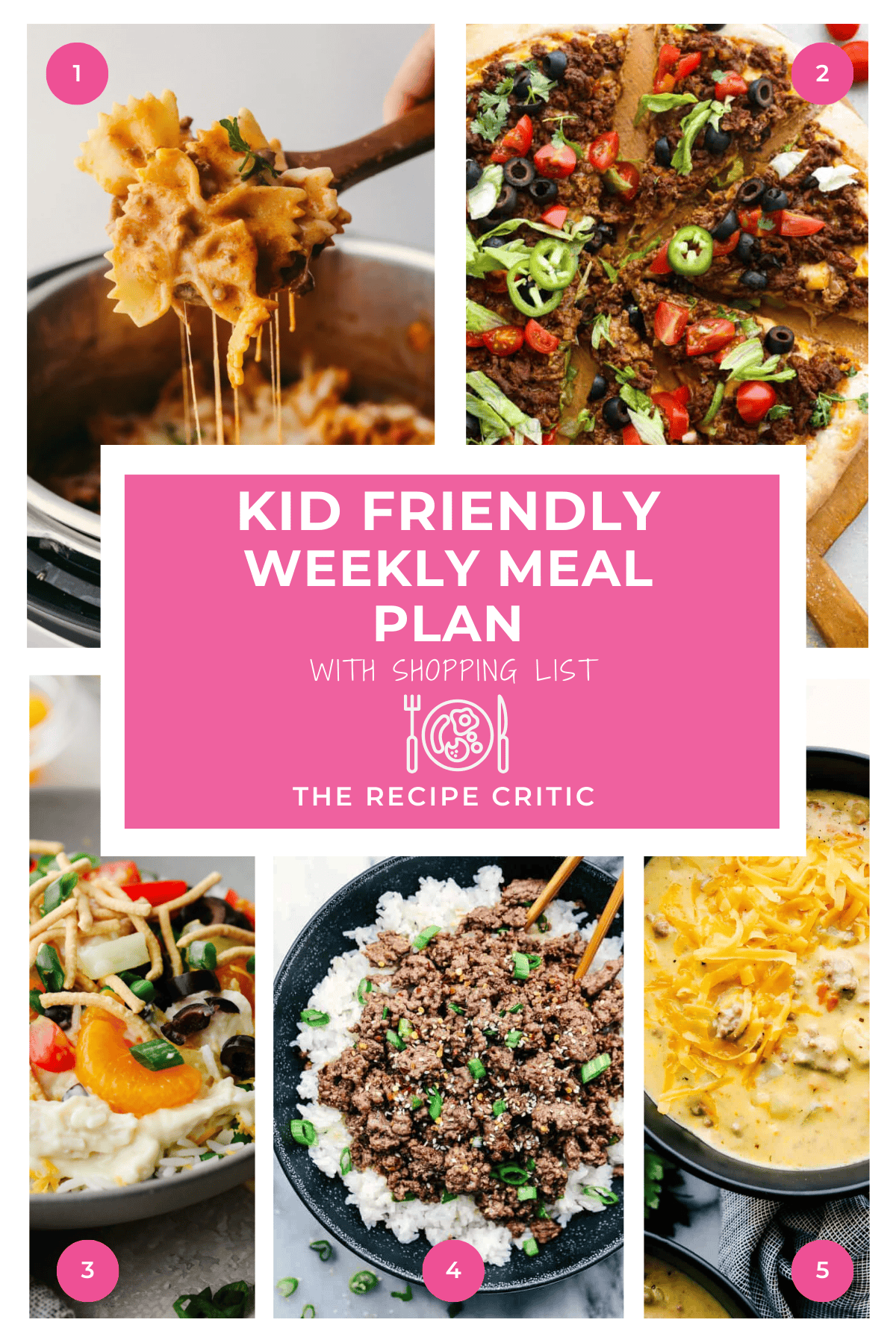 A collage of 5 pictures of kid friendly dinners and a graphic that says "kid friendly meal plan with shopping list".