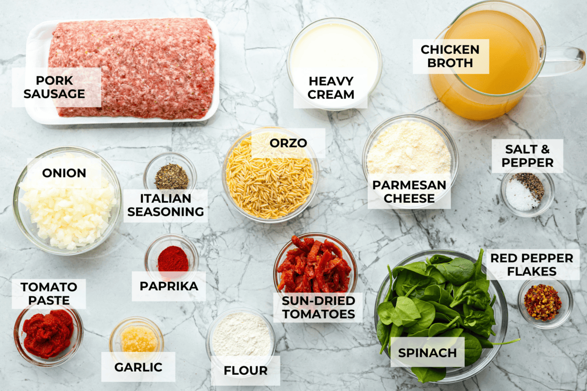 Overhead shot of labeled ingredients. 