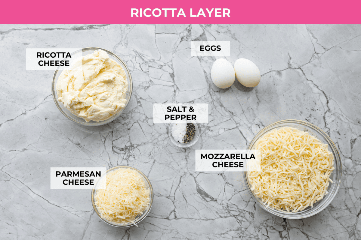 Overhead shot of labeled ingredients for the mushroom lasagna ricotta layer. 