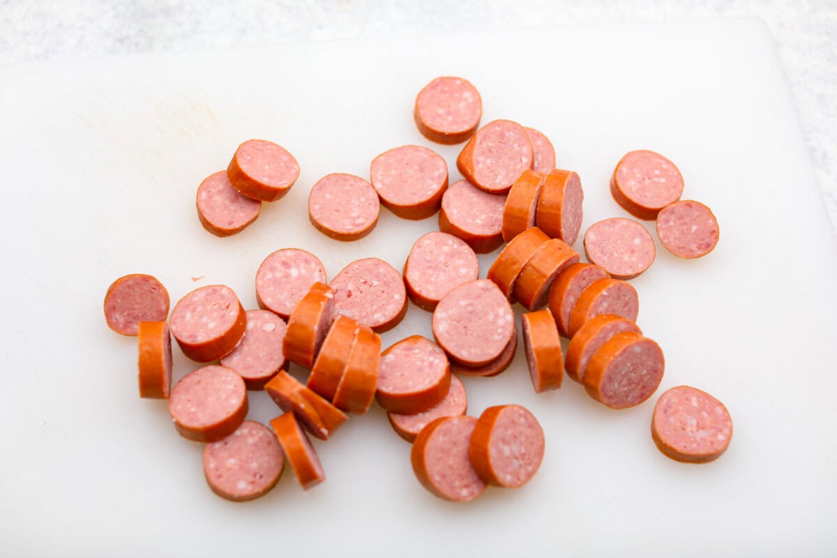 Overhead shot of sliced up sausage. 