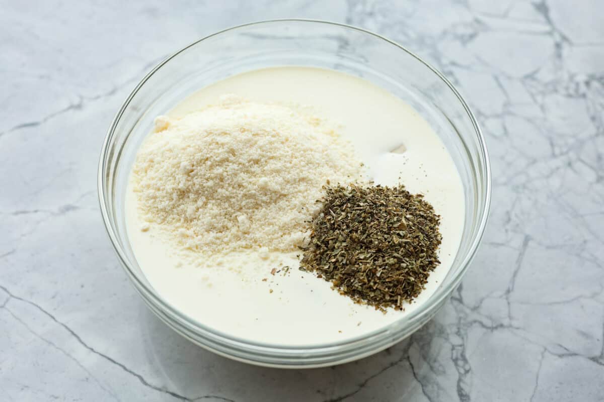 Overhead shot of sauce ingredients in a bowl.