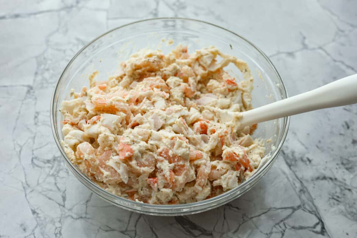 Overhead shot of filling ingredients mixed together in a bowl. 