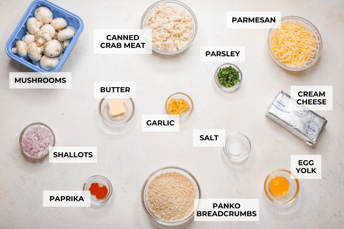 Overhead shot of labeled ingredients. 