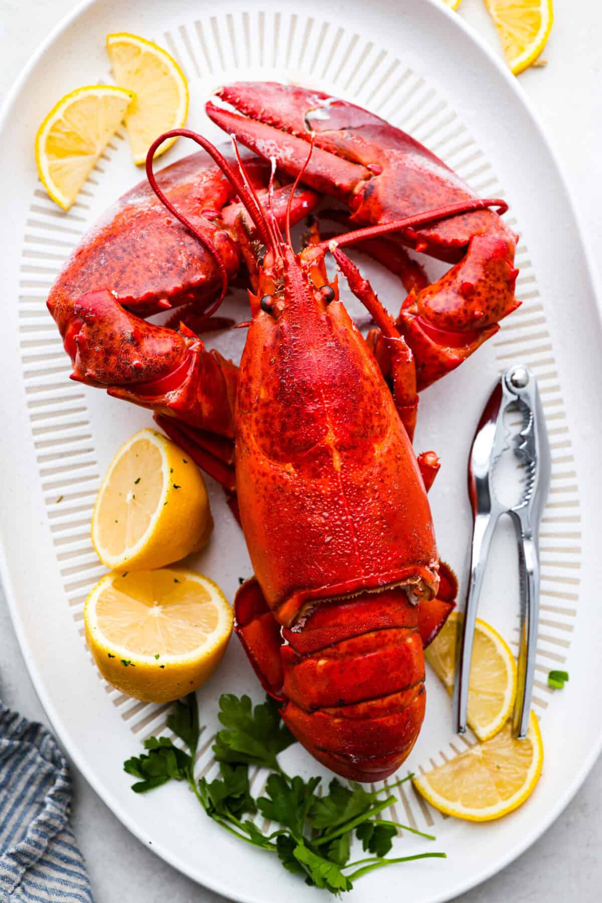 Overhead shot of a whole, cooked lobster on a plate with lemon wedges and a lobster cracker. 