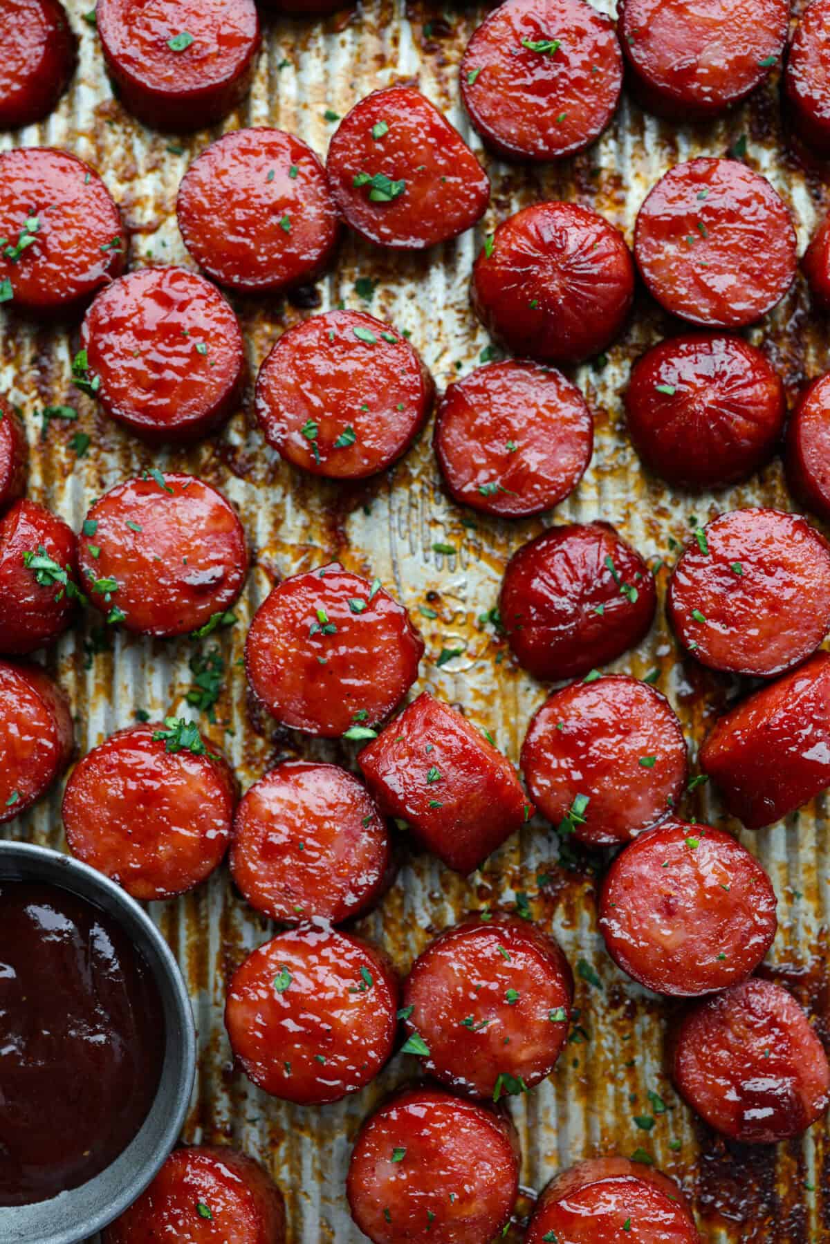 Close up shot of cooked kielbasa.