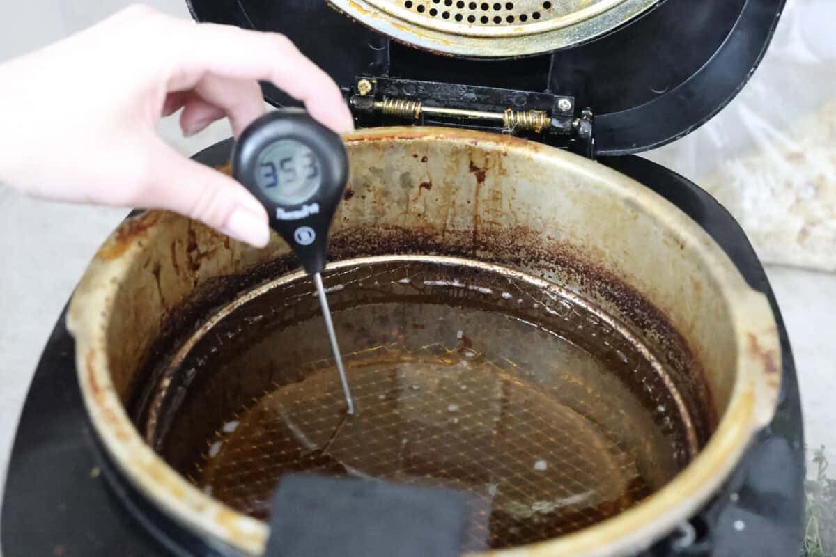 Angle shot of someone testing oil temperature.