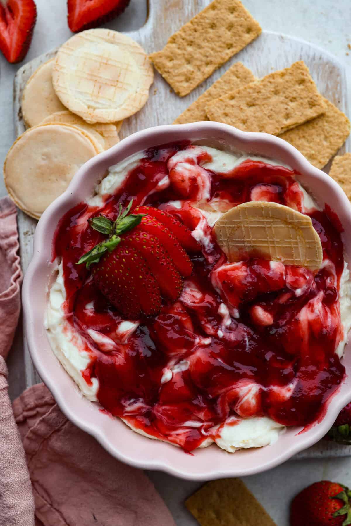 Overhead shot of strawberry cheesecake dip. 