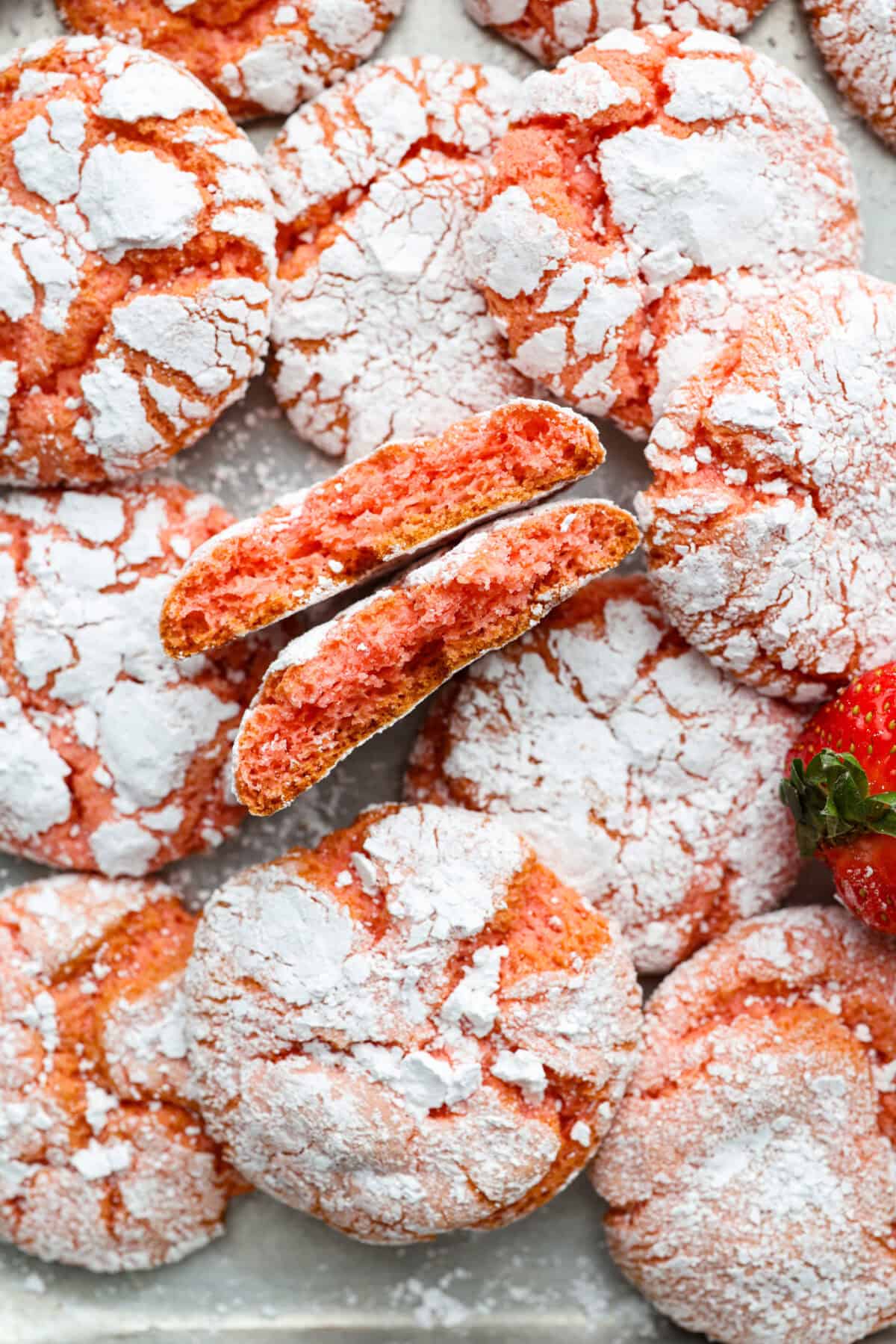 Close up shot of strawberry crinkle cookies.