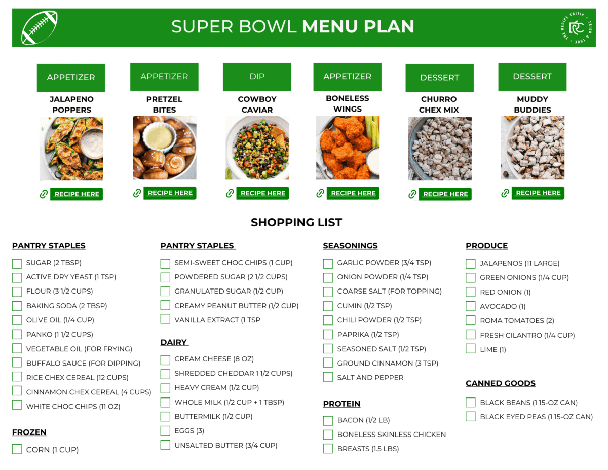 A pdf of a meal plan and shopping list. 