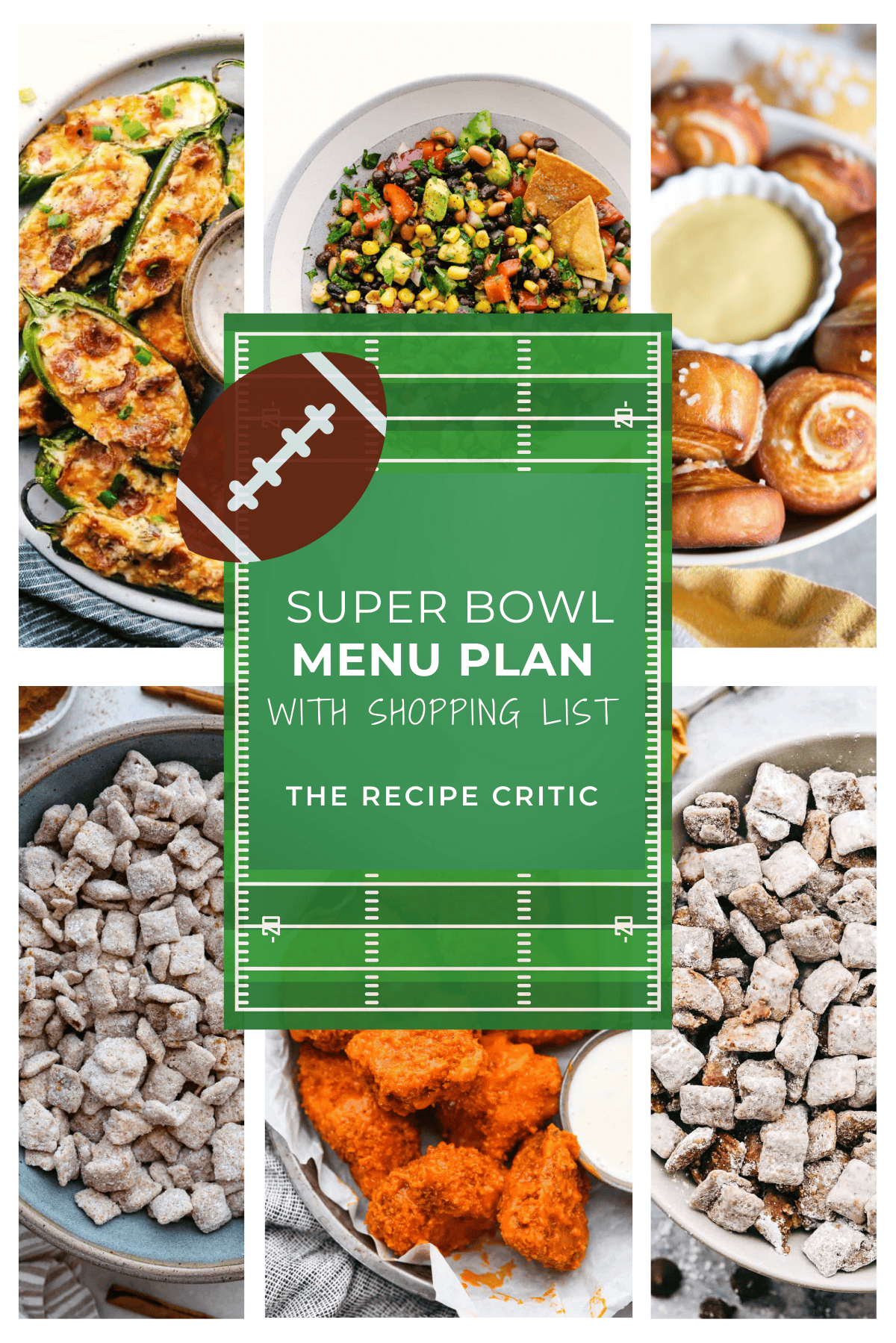 A collage of 6 photos and a graphic that says super bowl menu plan with shopping list. 